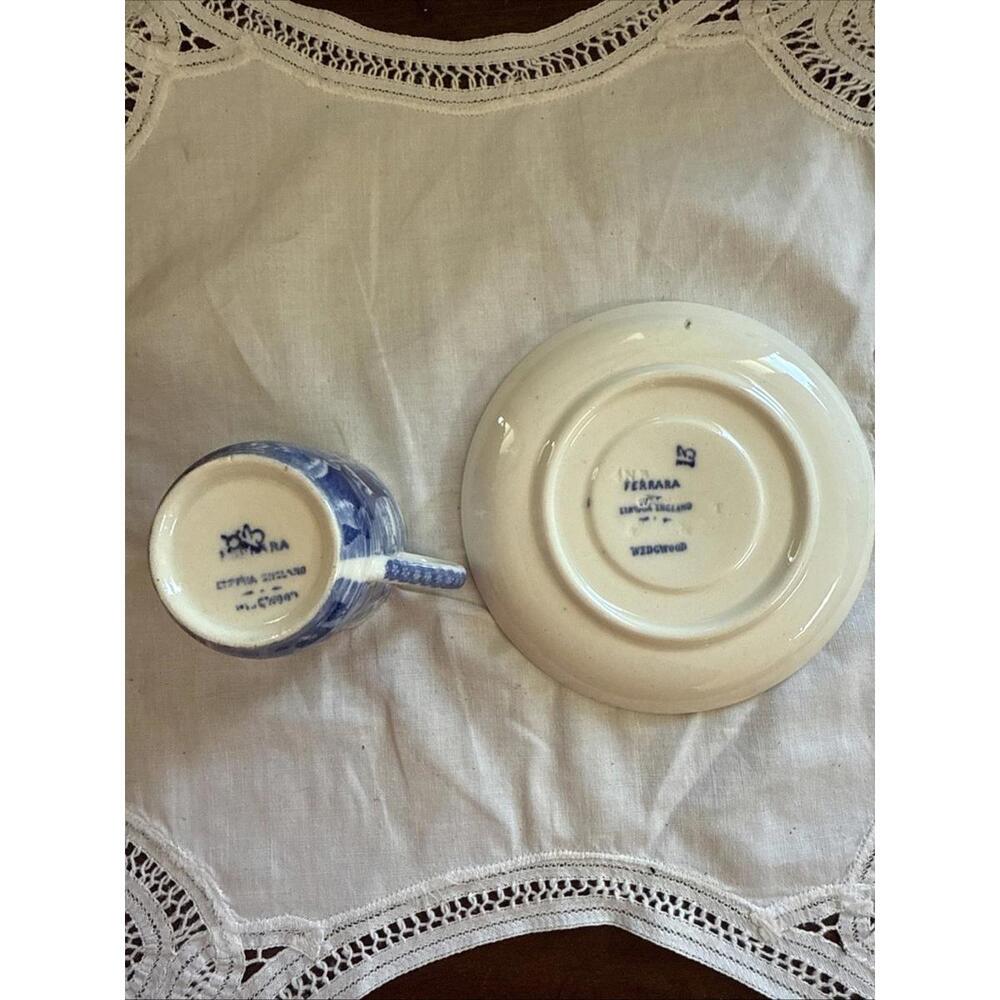 Antique Wedgwood Ferrara Demitasse Teacup &  Saucer Blue Ships Floral England - Picture 10 of 15
